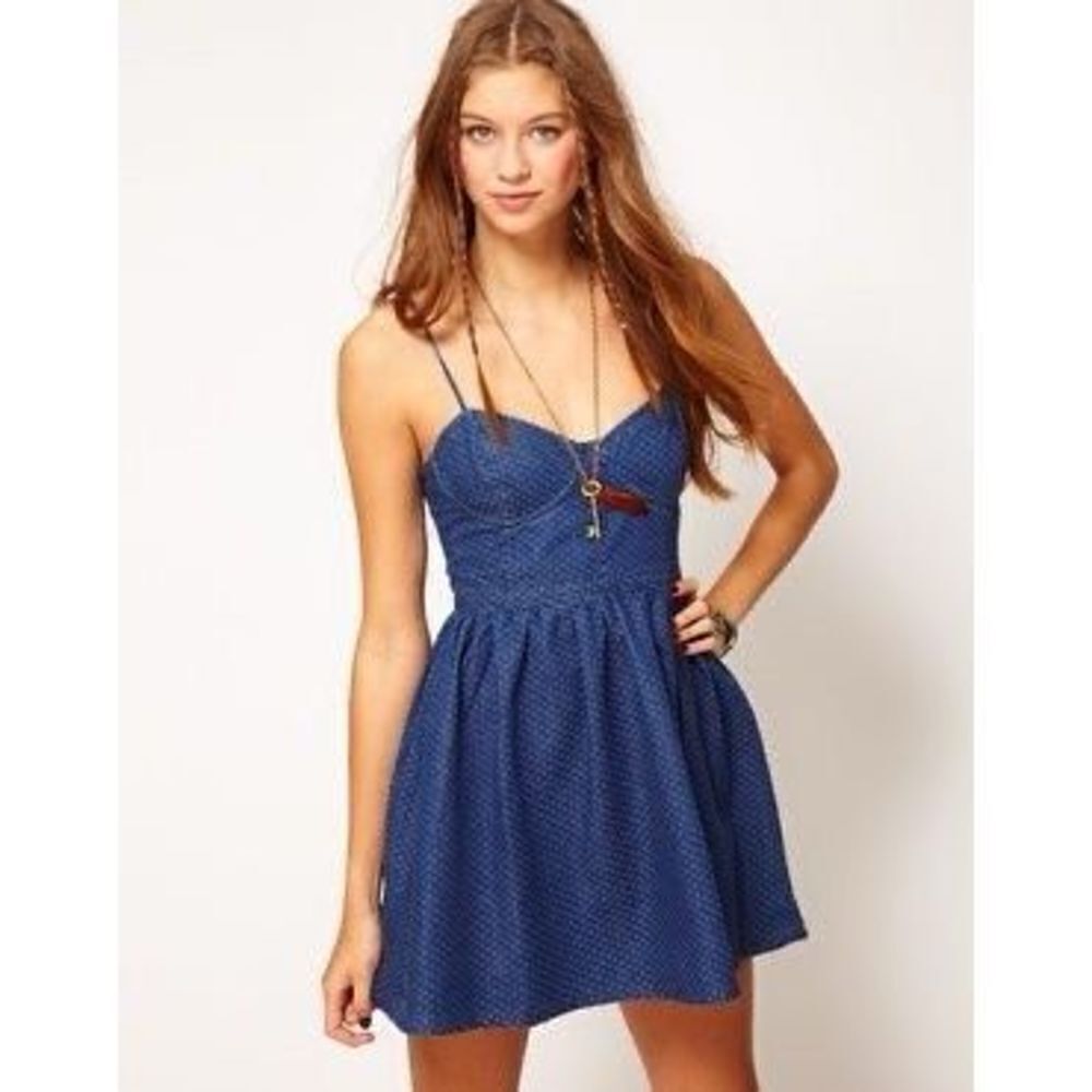 Free‎ People Polka Dot Denim Bustier Mini Dress PLL Size S - Picture 16 of 16